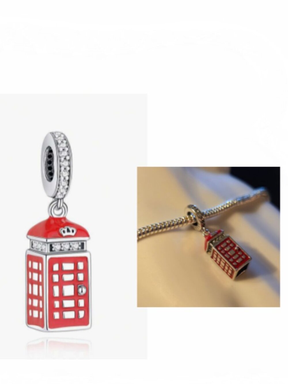 NEW Sterling Silver Red Phone Booth Charm for Pandora Type Bracelet or Chain